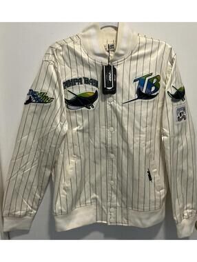 Tampa Bay Rays Pro Standard Satin Jacket Cream Pinstripe Snap Retro MLB LARGE